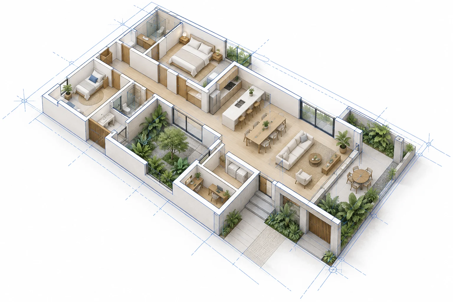 Ilustración conceptual de una vivienda abierta en perspectiva isométrica para mostrar la distribución de sus espacios