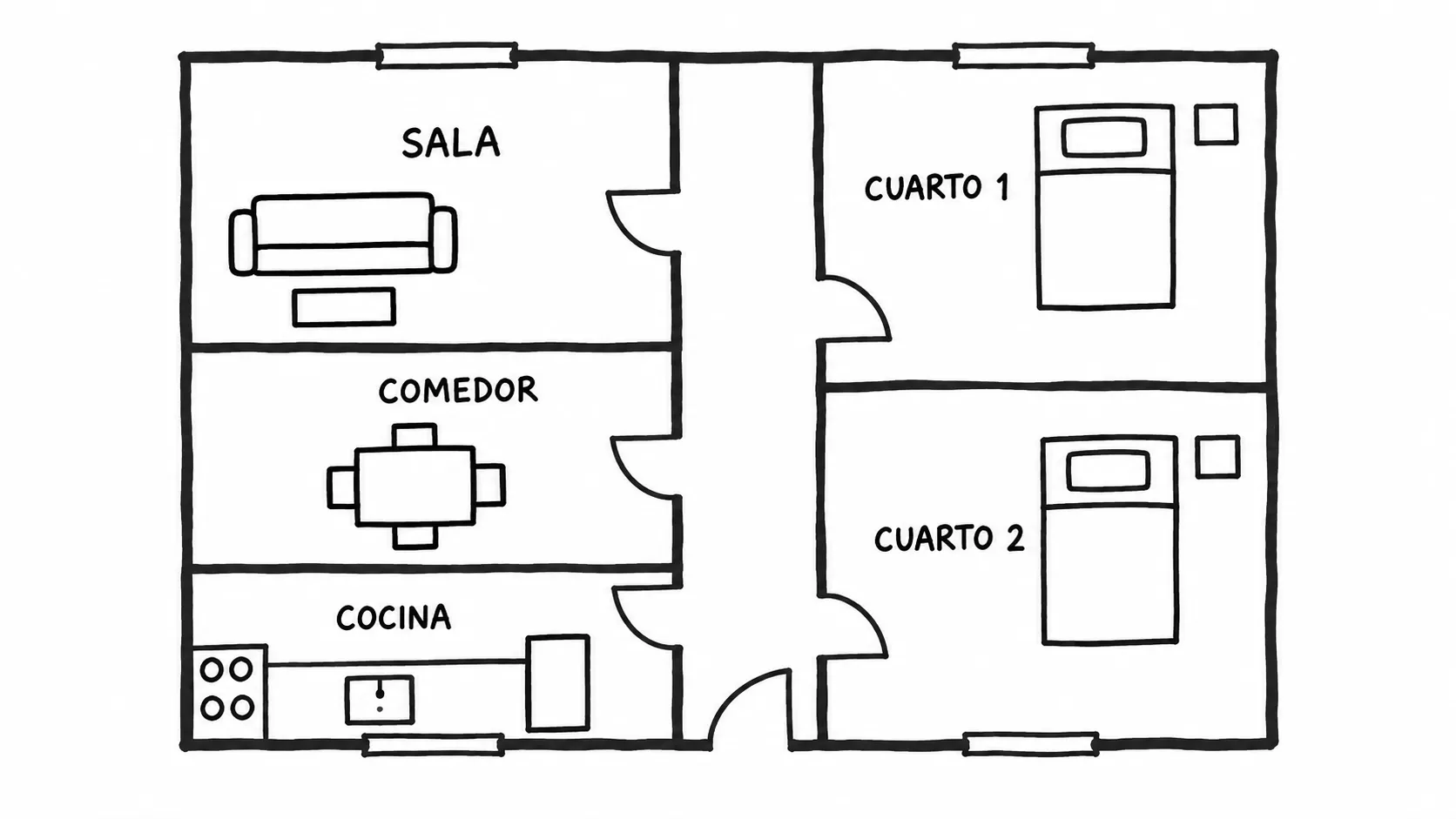 Plano interior dibujado en Paint para explicar la distribución de una casa de dos pisos