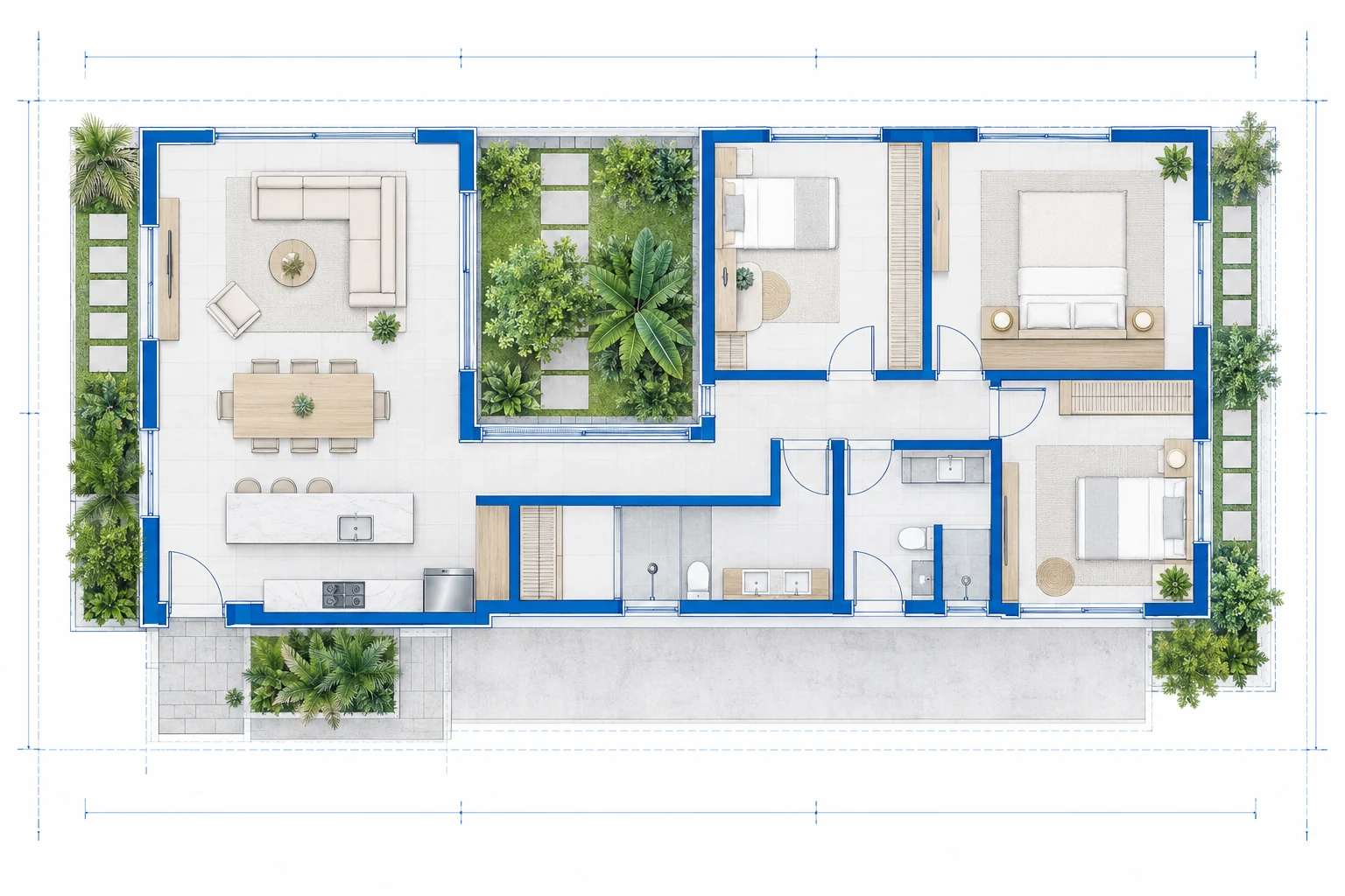 Ilustración conceptual de una planta residencial con tres dormitorios y un patio central