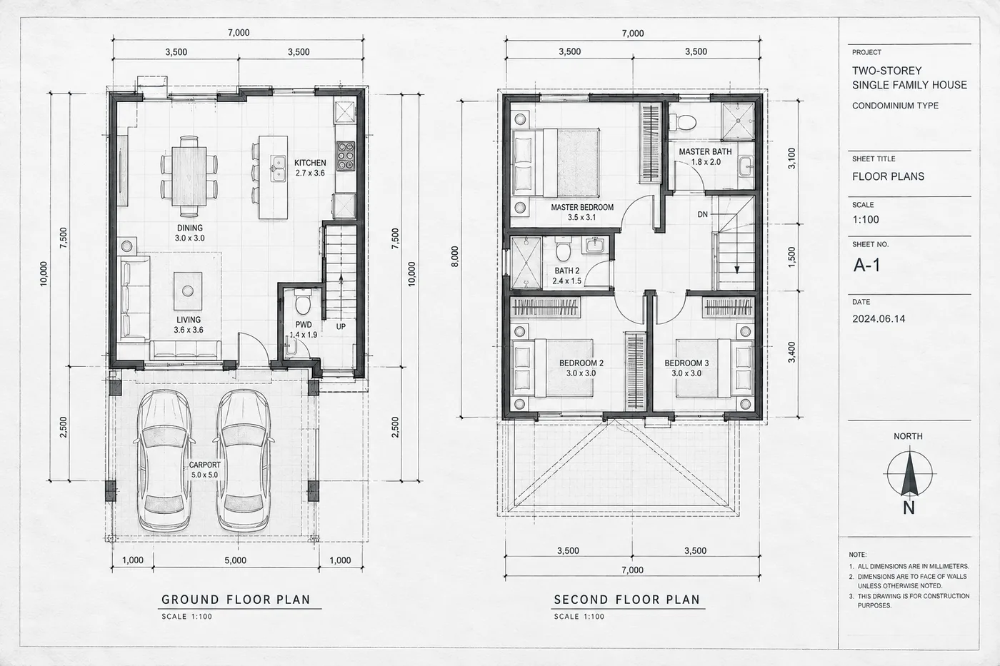 Referencia ilustrativa de una lámina de dibujo arquitectónico de vivienda